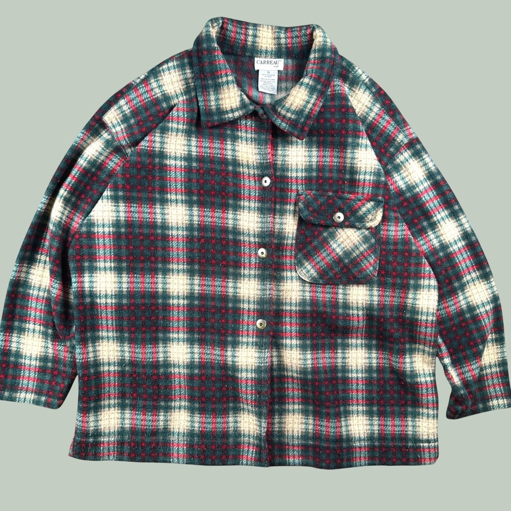 Carreau Fleece Shacket Women 2X Green Plaid Button Up Pocket Cozy Winter Warm